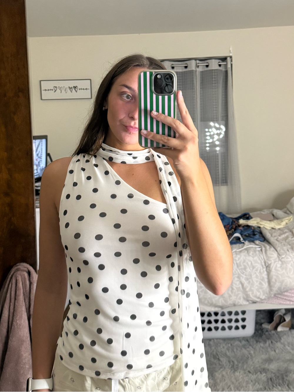 Divided White Polka Dot One-Shoulder Top with Black Dots